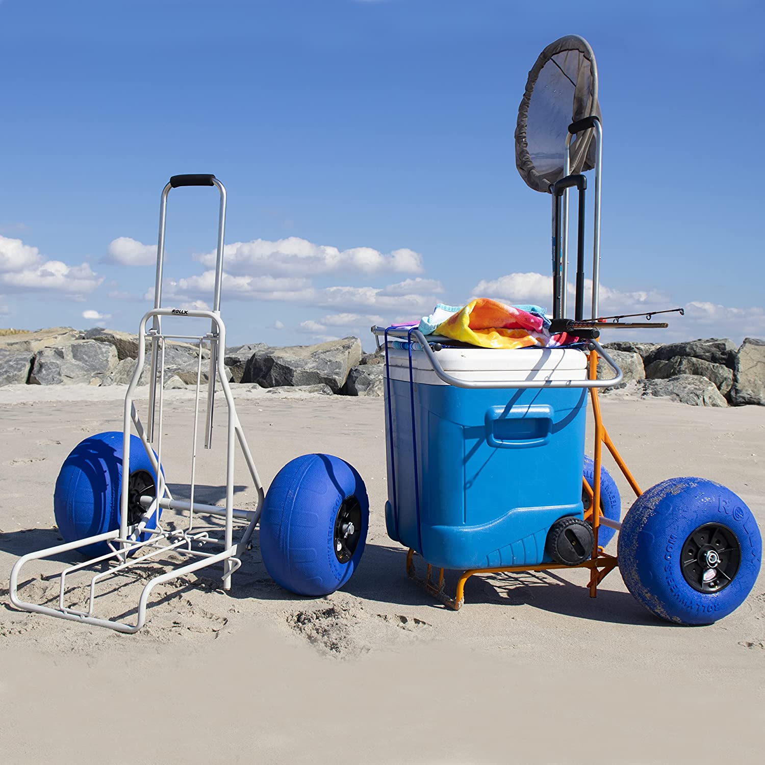 Folding Beach Cart with Balloon Wheels, Rolling Cooler Dolly with 12 Inch  Large Sand and Beach Tires (Blue)