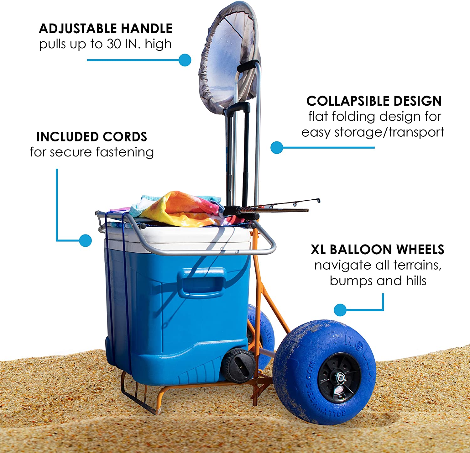 Folding Beach Cart with Balloon Wheels, 12 Inch Large Wheels (Blue
