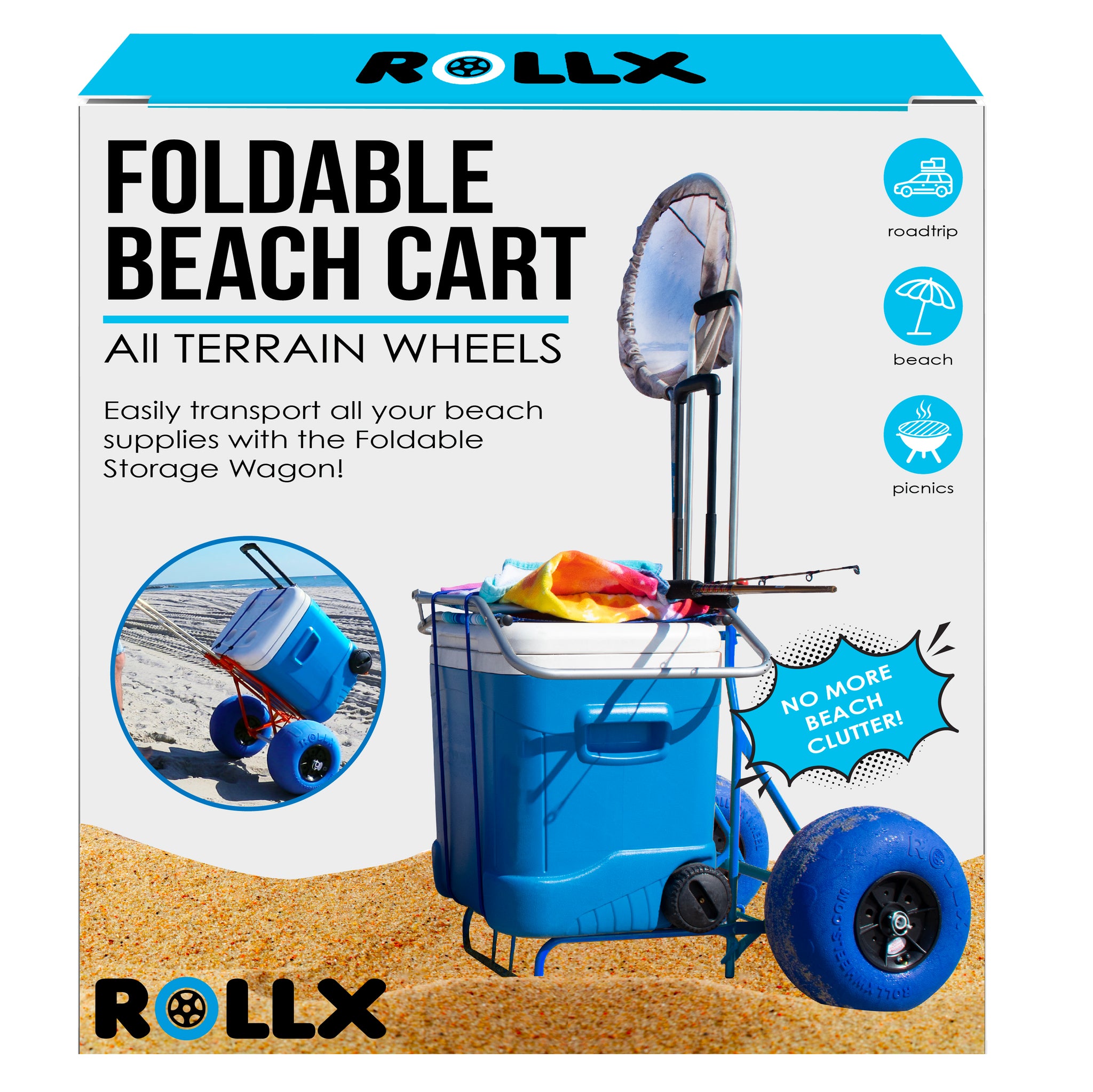 Folding Beach Cart with Balloon Wheels, 12 Inch Large Wheels (Blue) – Rollx  Wheels